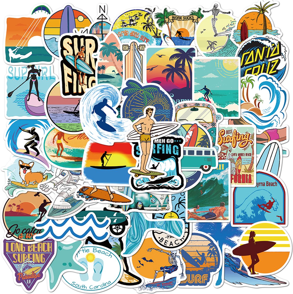 Surfing Stickers - Beach & Summer - set 50 stuks - Laptop Stickers - Stickervellen