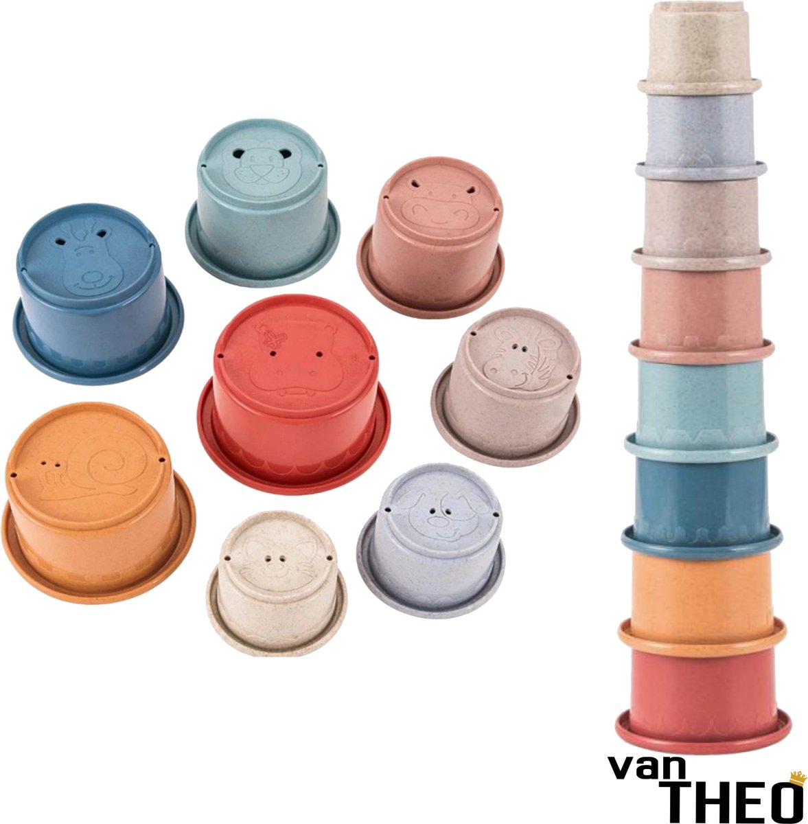 ® Stapeltoren - Stapelbekers - Baby Speelgoed vanaf 0 jaar - Zand Strand Bad Box - Stacking Cups - 8 Kleuren en Dieren - Pastel