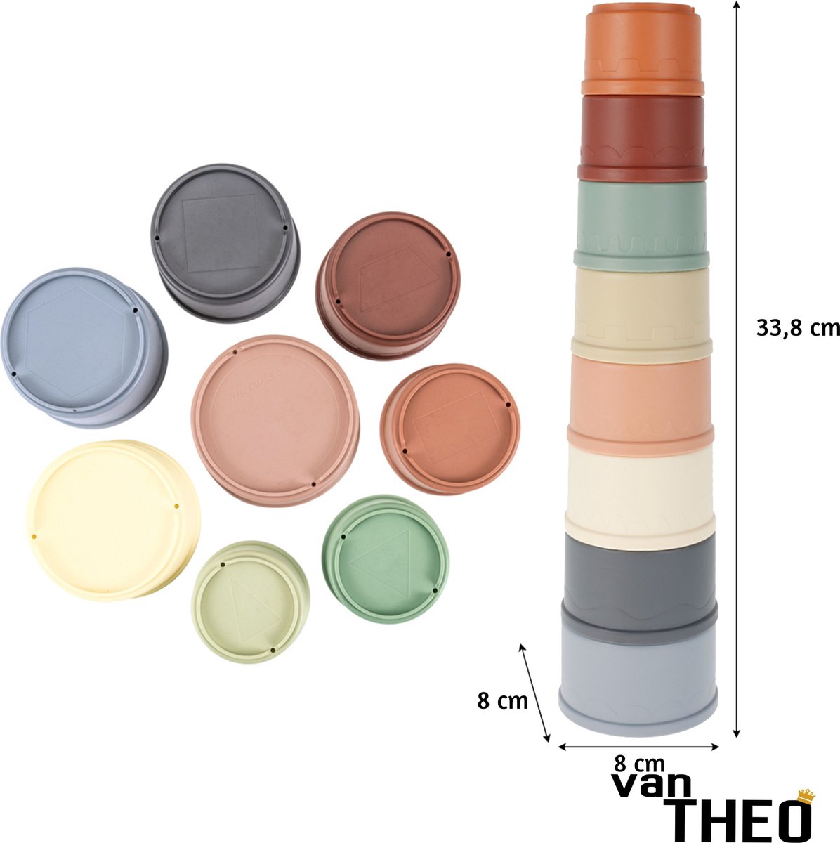  ® Stapeltoren - Stapelbekers - Baby Speelgoed vanaf 0 jaar - Zand Strand Bad Box - Stacking Cups - 8 Kleuren en Vormen - Pastel