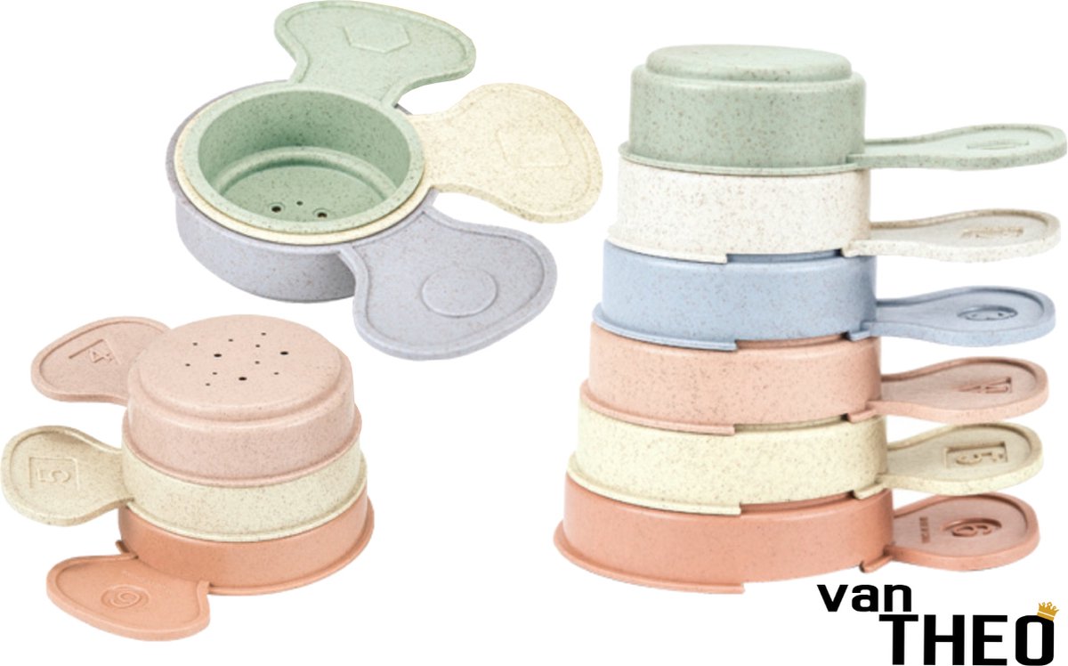  ® Stapeltoren - Stapelbekers - Schepjes - Baby Speelgoed vanaf 0 jaar - Zand Strand Bad Box - Stacking Cups - 6 Kleuren, Vormen  en Cijfers - Pastel