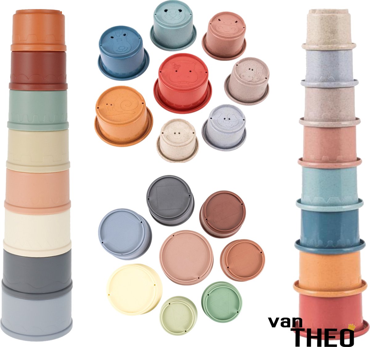  ® Stapeltoren Duo Set - Stapelbekers - Baby Speelgoed vanaf 0 jaar - Zand Strand Bad Box - Stacking Cups - 16 Bekers met Kleuren, Vormen en Dieren - Pastel