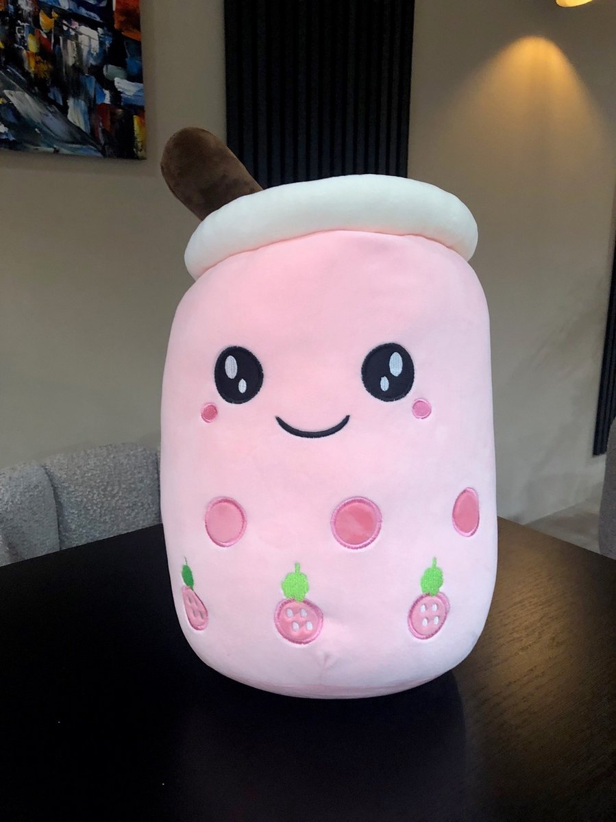 Vdtoys® Boba pluche roze strawberry aardbei squeeze mellow kawaii bubbel tea knuffel speelgoed BIG 40 cm happy