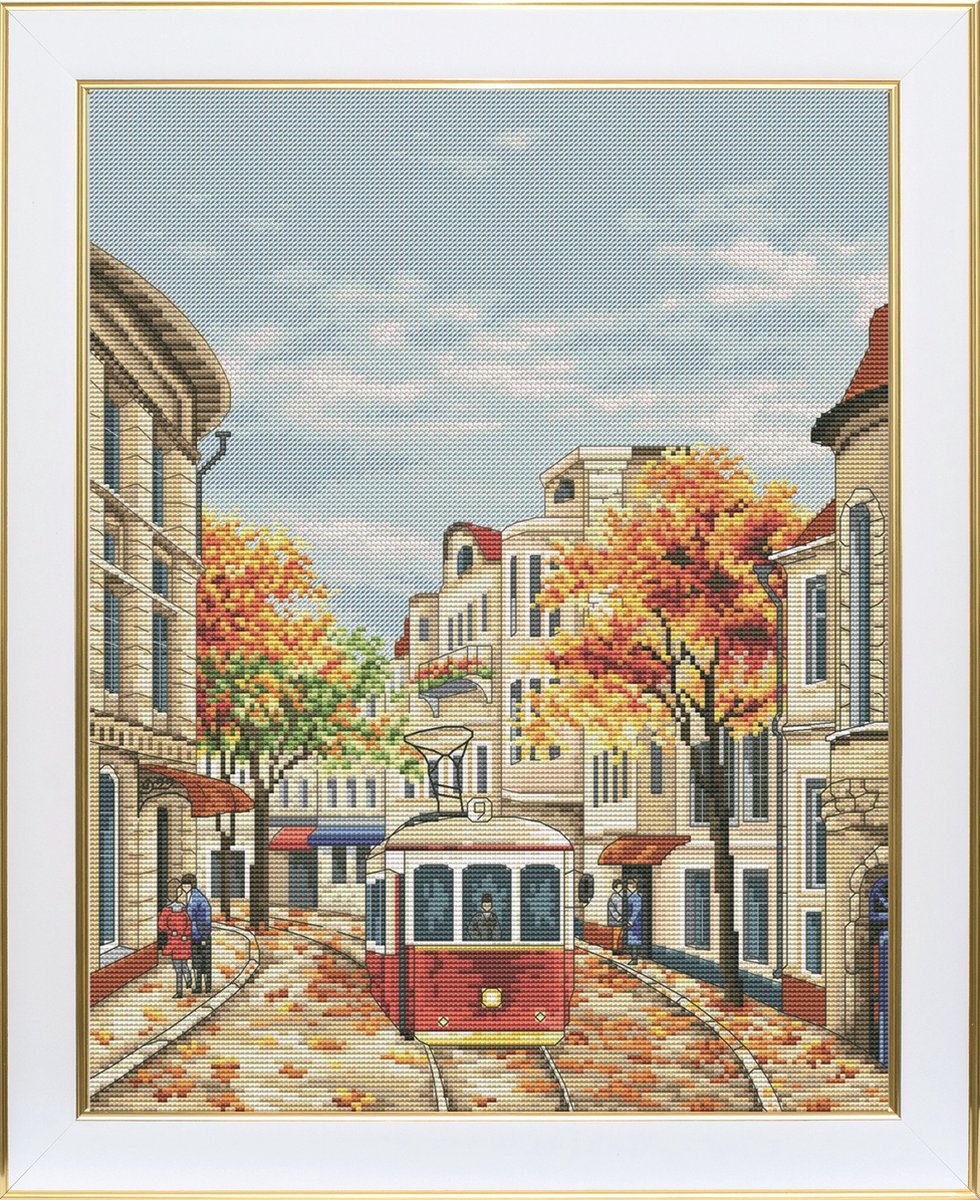 Borduurpakket VDV - Autumn Tram - Herfsttram - DMC garens - telpatroon om zelf te borduren