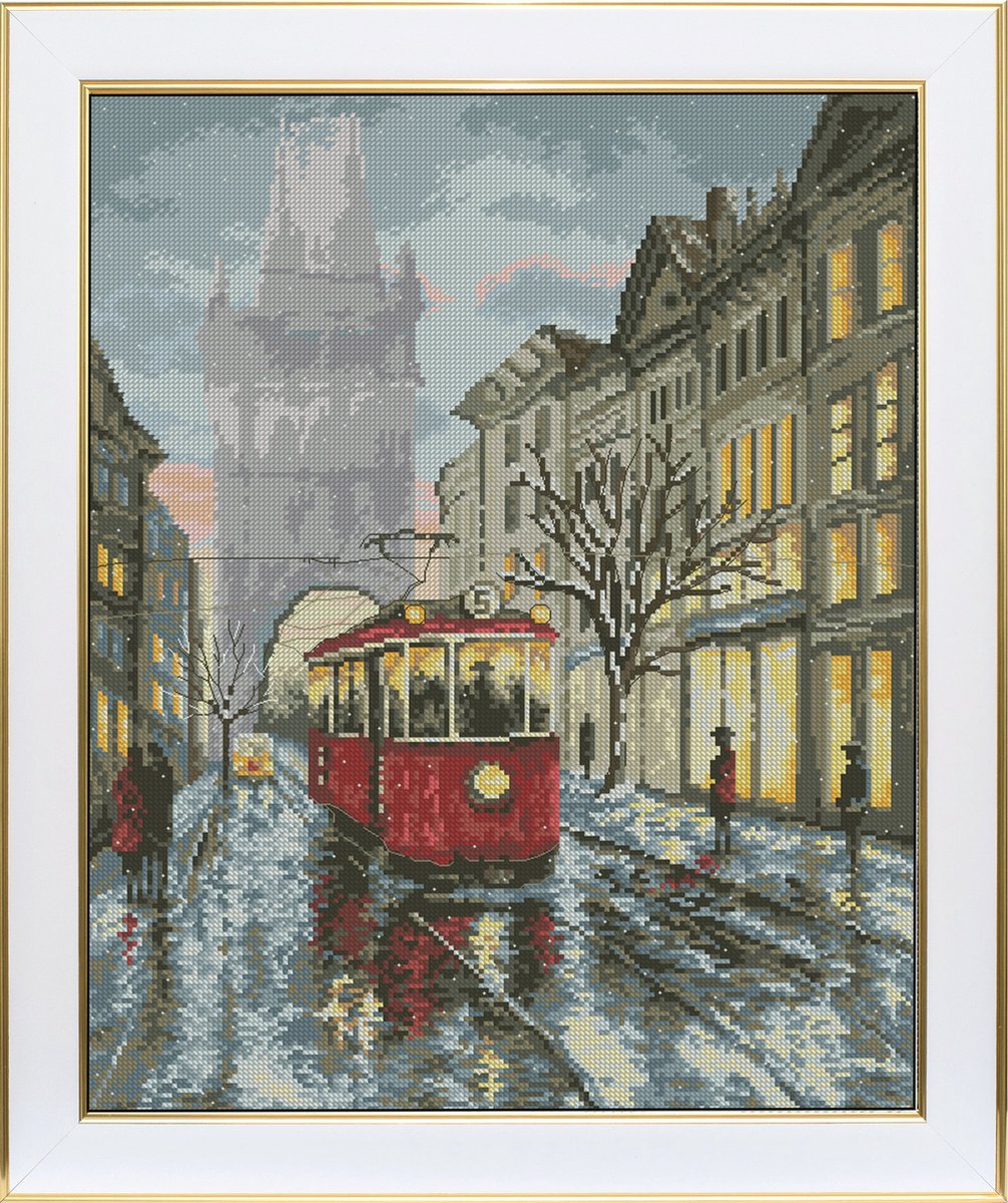 Borduurpakket VDV - Winter Tram - telpatroon om zelf te borduren - DMC garens - AIDA 16 count