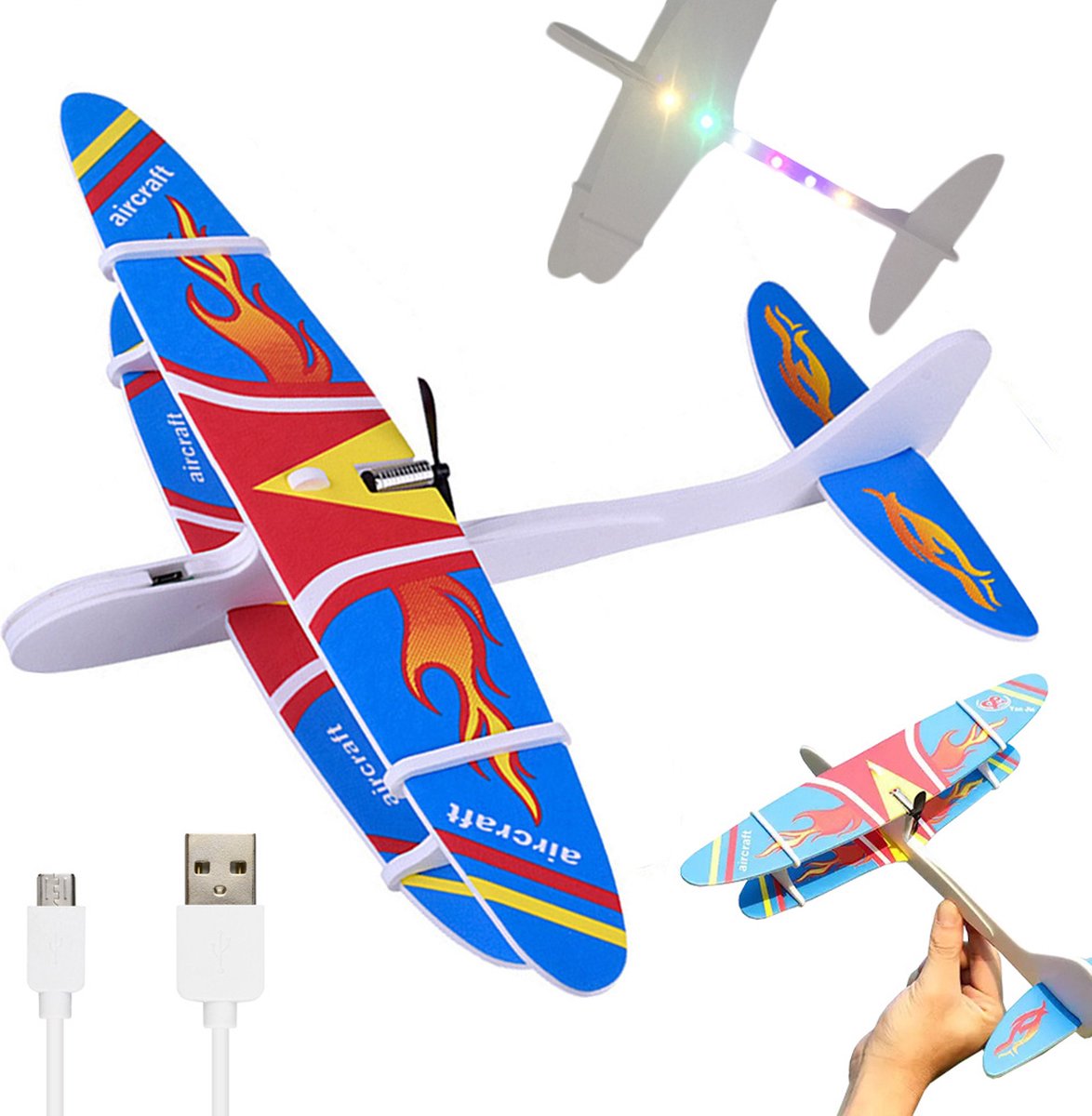 Zweefvliegtuig met motor - LED verlichting - polystyreen - USB oplaadbaar - Vliegtuig - Blauw