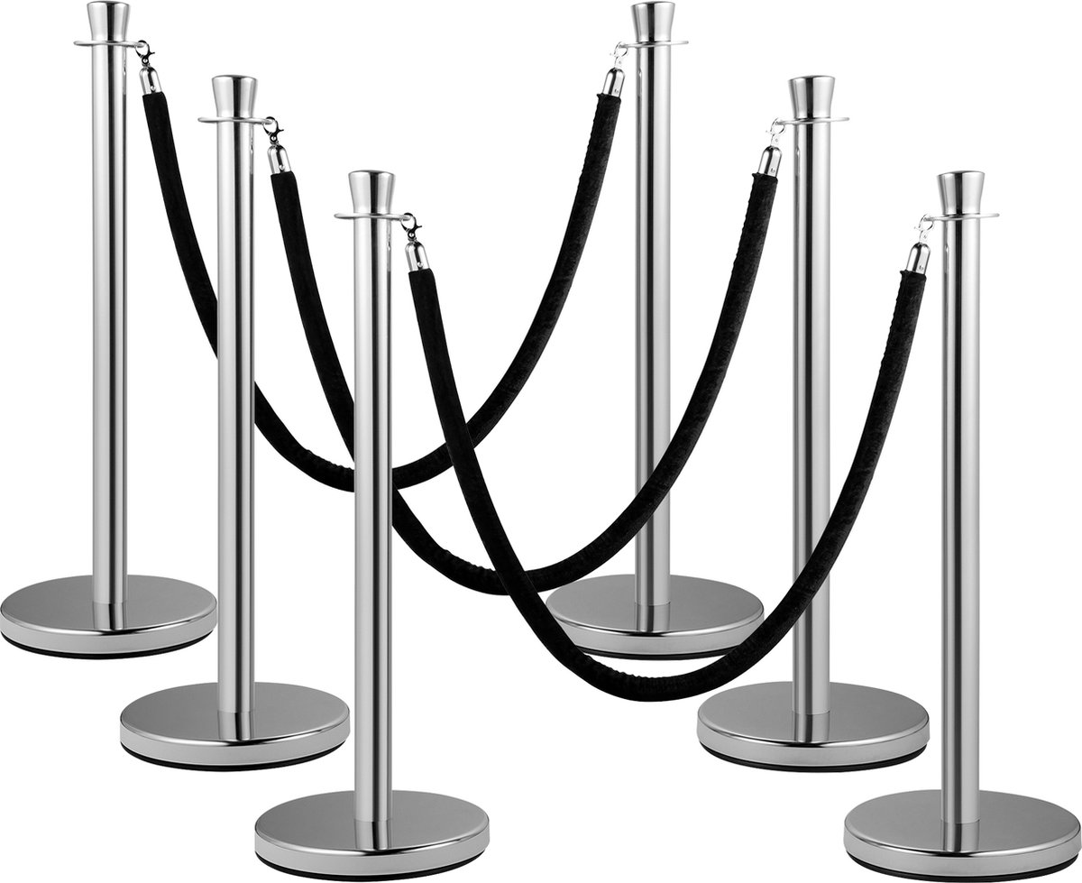 VEVOR 2 Stuks Crowd Control-Ondersteuningsset, met 150 cm Zwart Fluwelen Touw, voor Theaters, Hotels, Casinos, Rode Loper-Evenementen, Loketten,Zilver