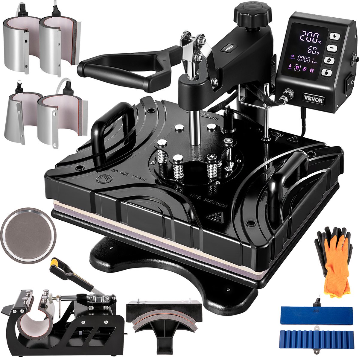 VEVOR Warmte Persmachine Transferpers - 10 In 1 Hittepers Met 38 x 30cm Hitteplaat, LCD-scherm, Verwarming Met Dubbele Buis - Voor Het Aanbrengen Van Letters, Cijfers En Patronen Op Petten, T-Shirts, Kopjes, Borden - Zwart