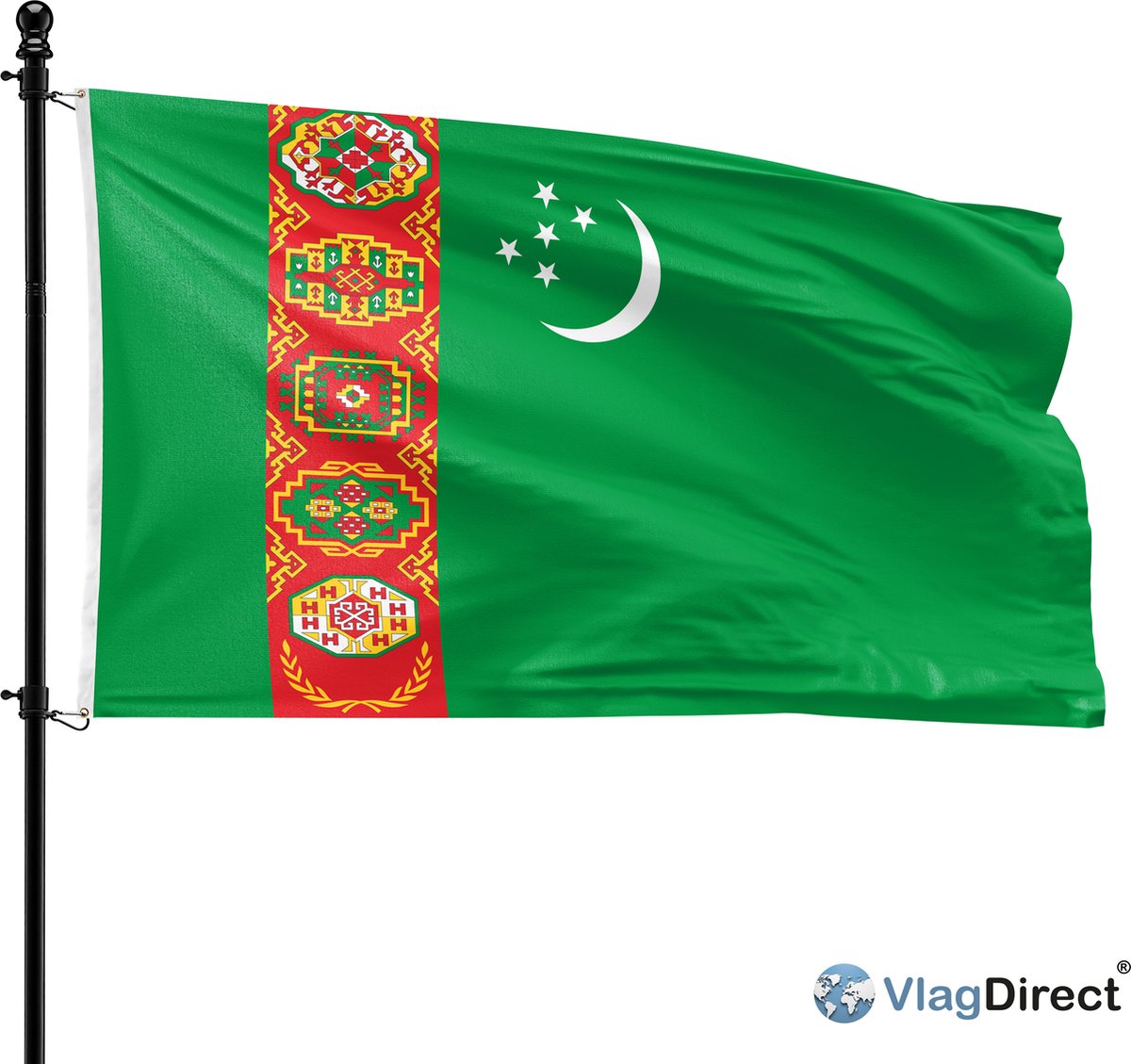 VlagDirect - Turkmeense vlag - Turkmenistan vlag - 90 x 150 cm