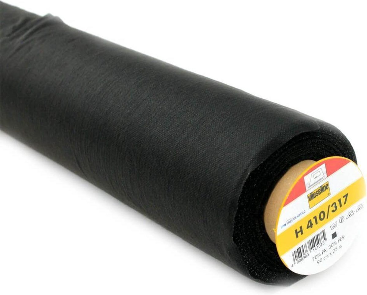 VLIESELINE TUSSENVOERING H410 PLAKBAAR ZWART, 90CM BREED, LENGTE PER METER.