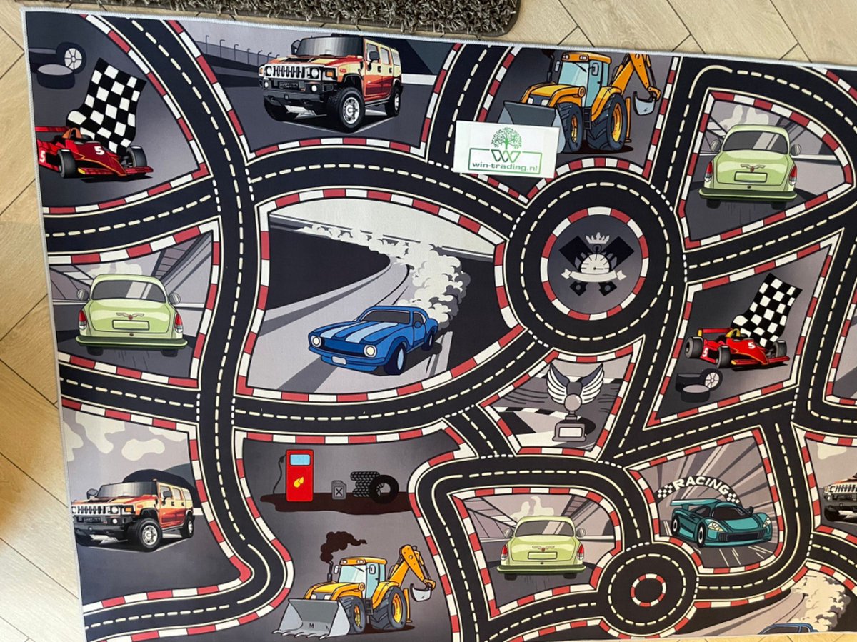 Speelkleed racing - 140 x 200 cm - cars Verkeerskleed - antislip speeltapijt racingfun - racebaan circuit - antislip vloerkleed / speelmat
