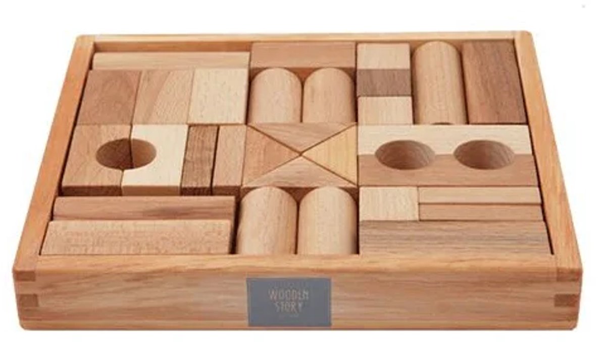 Montessori - Educatief Speelgoed - Wooden Story - Houten Blokken in een Doos - Natuurlijk - 30 Stuks - Speelgoed - Hout