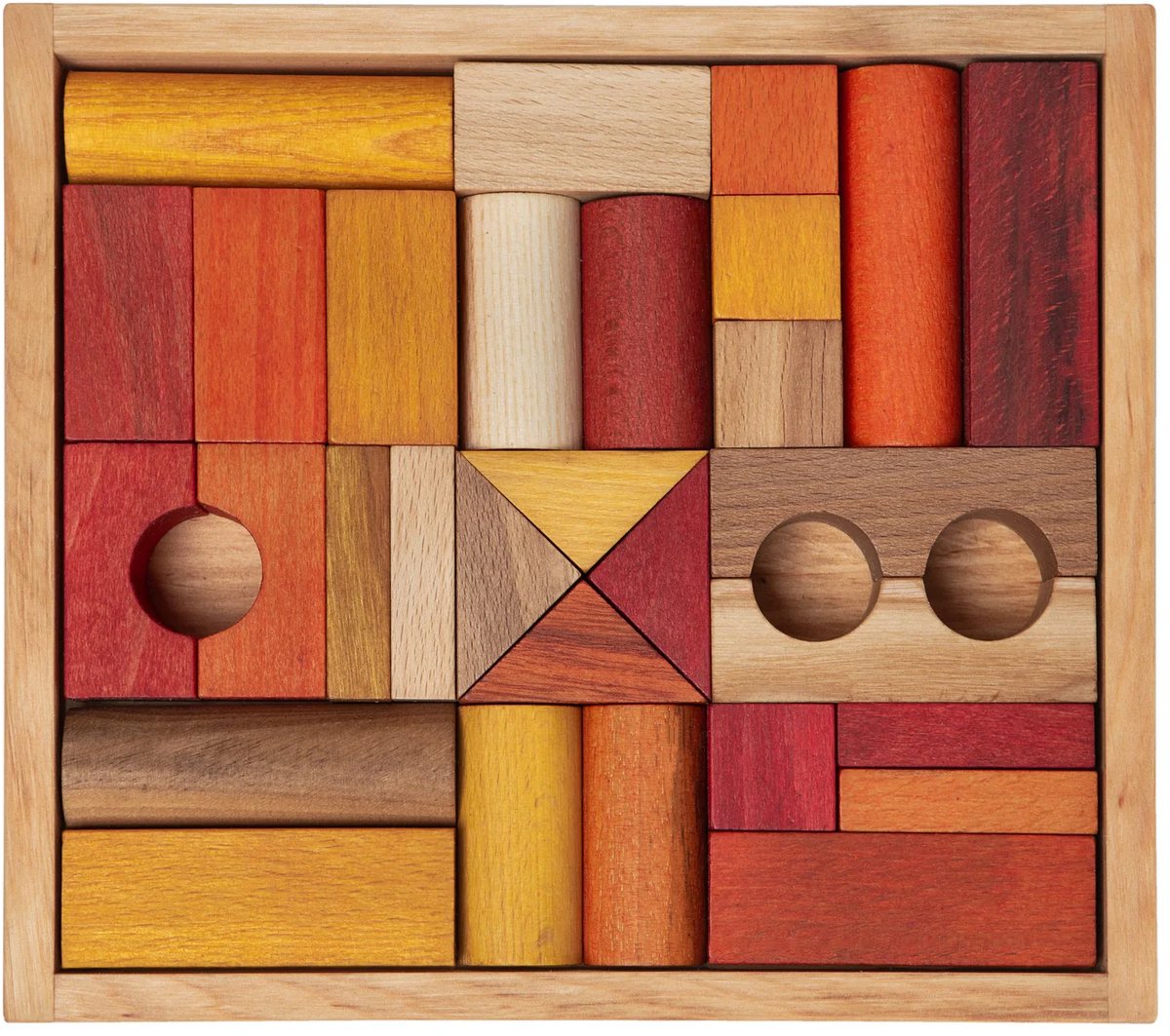 Montessori - Educatief Speelgoed - Wooden Story - Houten Blokken in een Doos - Warme Kleuren - 30 Stuks - Speelgoed - Hout