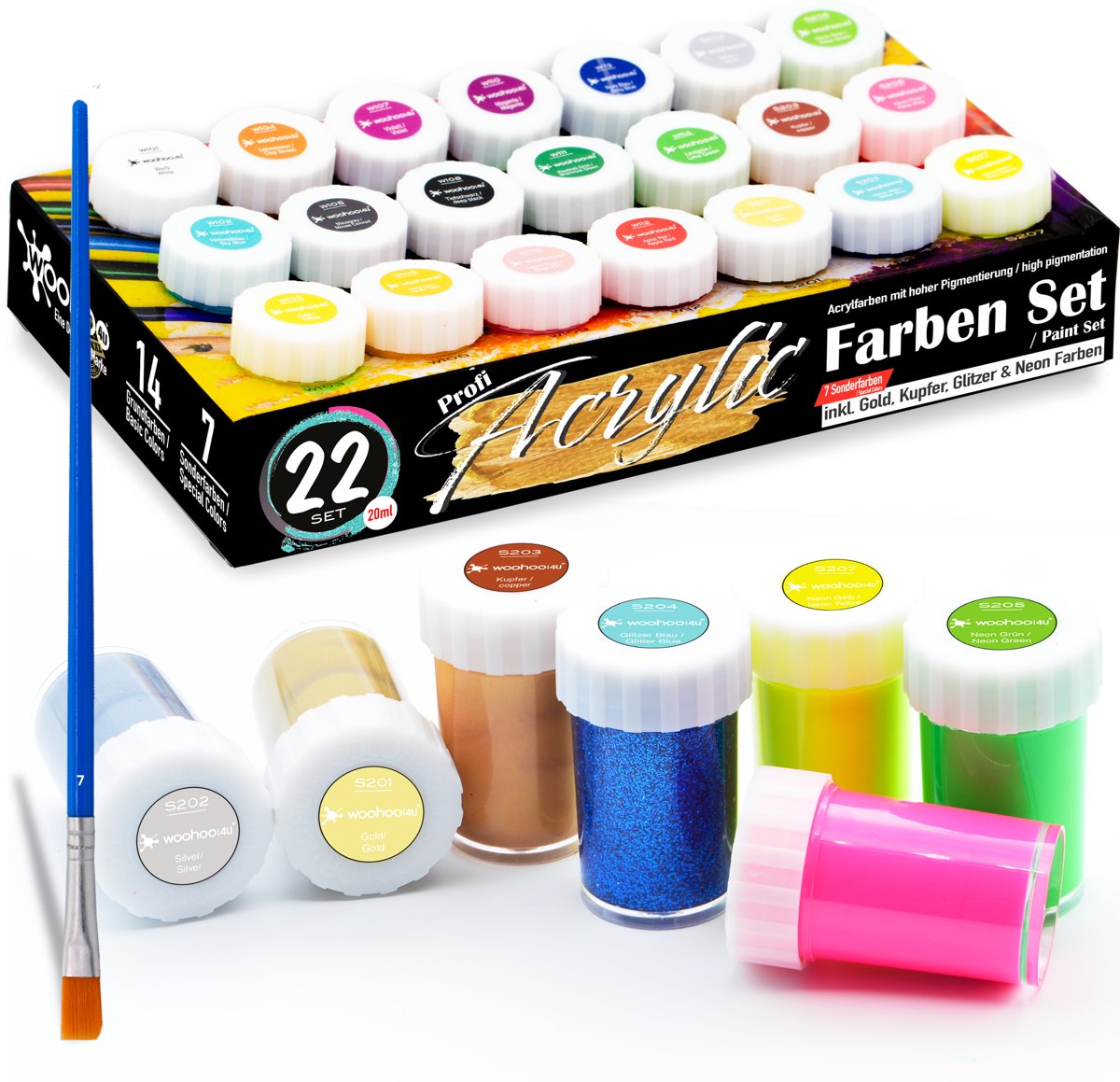 22 Acryl Set PROF - 21 acrylverf 20ml met 1 Acryl Penselen - Goud, Koper, Zilver, Glitter, Glitter, Neonkleuren, Neonkleuren waterdicht voor canvas, hout, klei, papier en klei