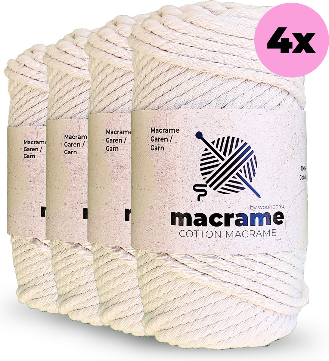 woohoo4u® Premium Macrame Touw Set - 5mm x 200M - Zacht en drievoudig gedraaid (3-PLY) - 100% Katoen - DIY Koord voor Wandhangers, Plantenhangers, Boho Decoraties en meer (4 Stuks)