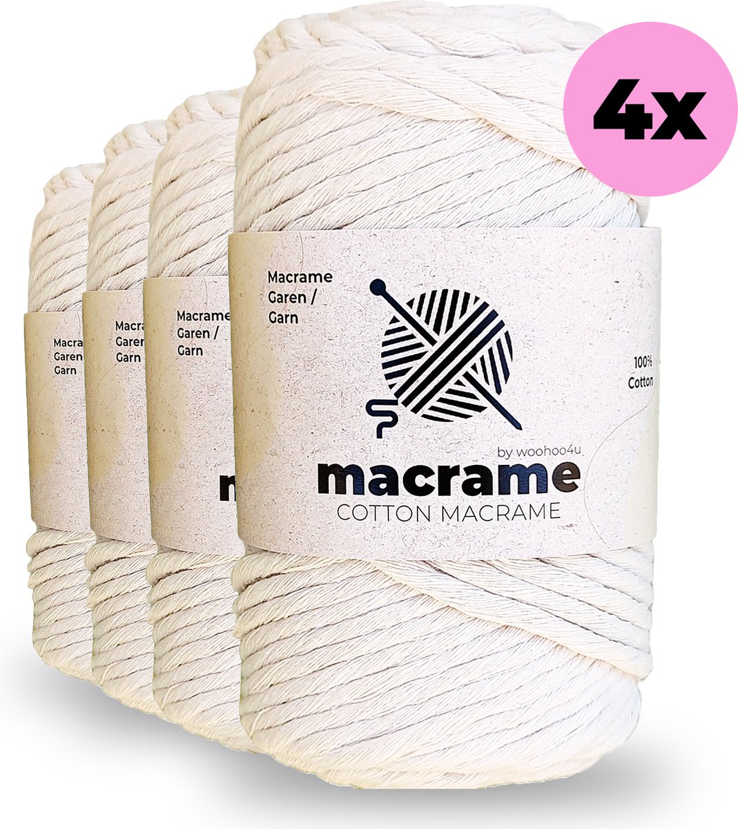 woohoo4u® Premium Macrame Touw Set - 5mm x 280M - Zacht en enkel gedraaid - 100% Katoen - DIY Koord voor Wandhangers, Plantenhangers, Boho Decoraties en meer (4 Stuks)