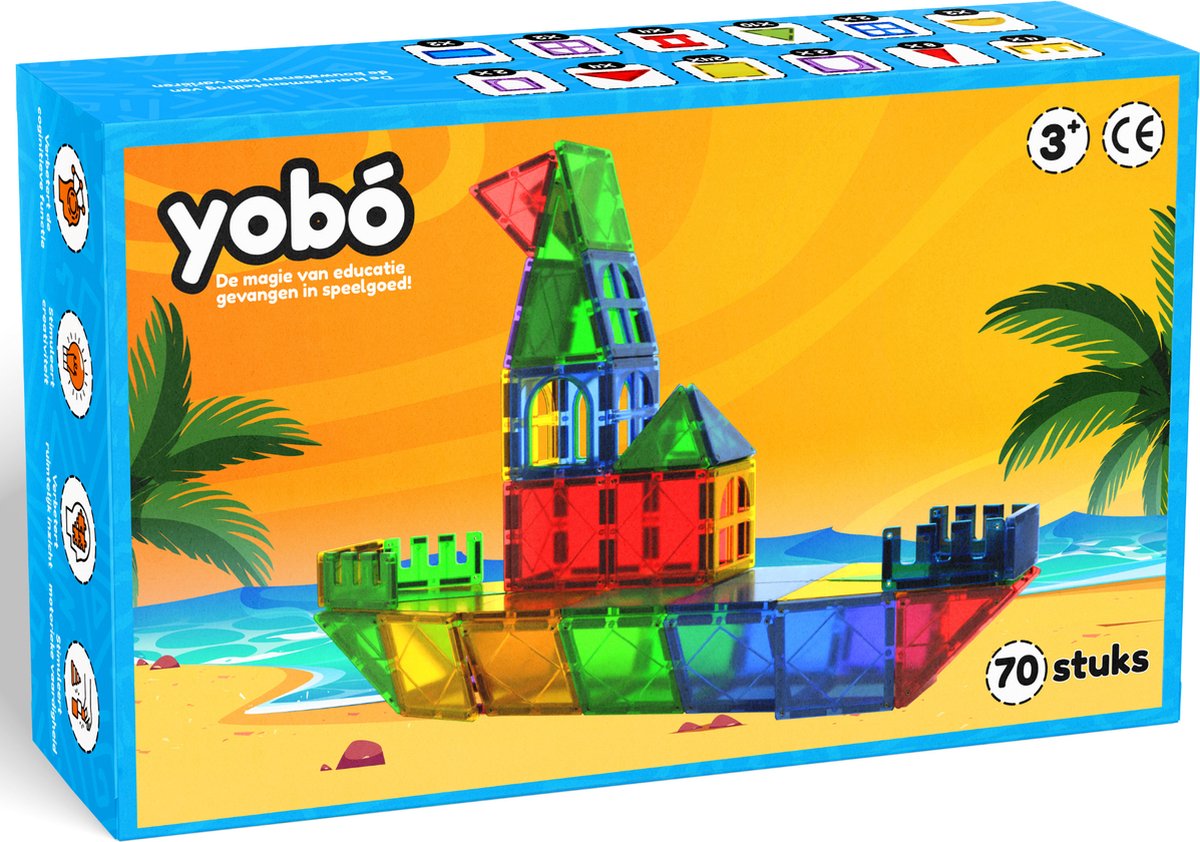 Yobó Original 70 Stuks - Magnetic Tiles – BPA Vrij – Sterke Magneten – Magnetisch Bouwspeelgoed – Magna Speelgoed - Magnetische Tegels - Speelgoed 3 jaar t/m 12 jaar