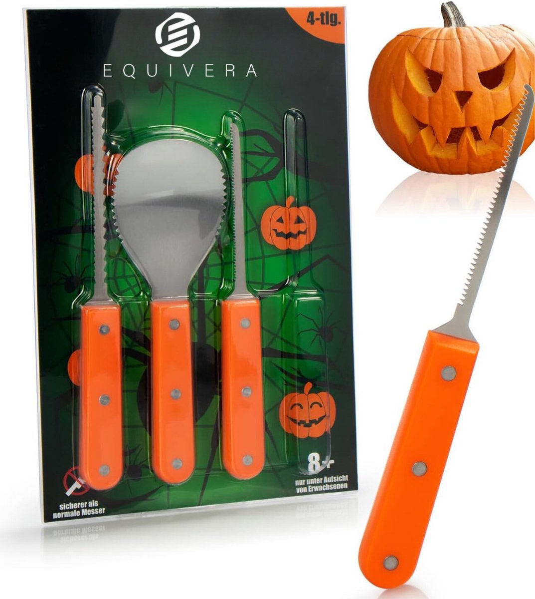 Equivera Pompoen Snijset - 4-delige pompoen snijset voor Halloween - pompoen uithollen snijgereedschap - snijset met lepel - zaagbladen en afkortzaag (4-delig - oranje)