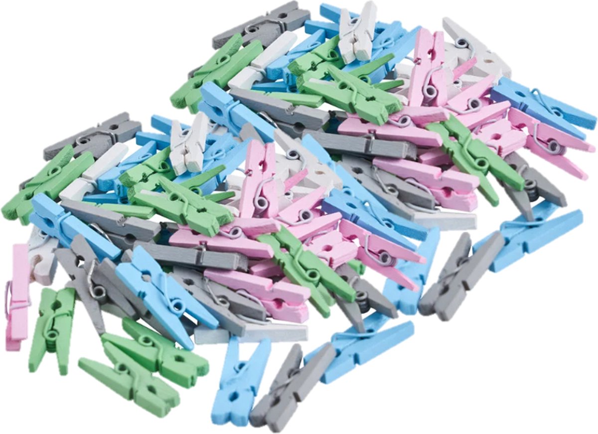 Mini Wasknijpers 100 stuks - Hout - Diverse kleuren - 2,5 cm - Ophangen van notitieblaadjes, fotos, kleurplaten en wenskaarten.