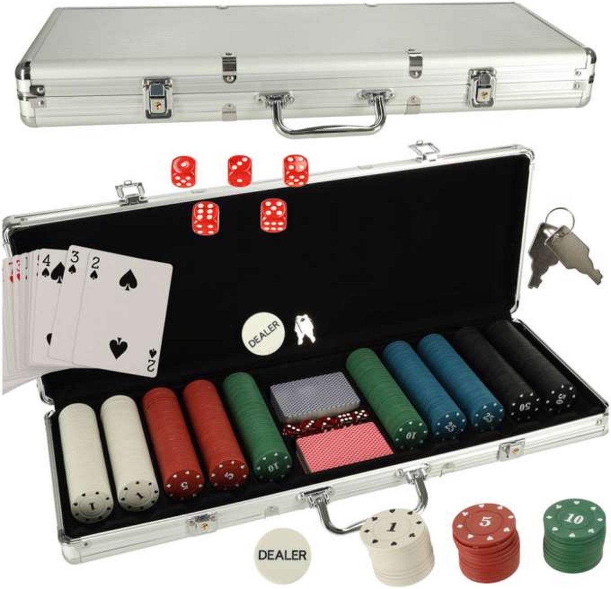 Pokerset - 500 CHIPS - Zilveren koffer 500-delige Poker Set - Geschikt voor 2-9 Spelers - Inclusief Pokerkaarten en Dobbelstenen
