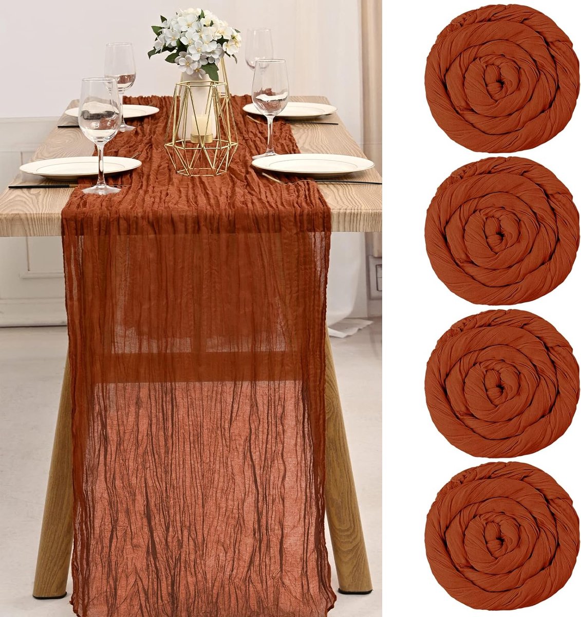 Tafelloper van kaasdoek - Terracotta ruw katoen - 3 meter - 4 stuks