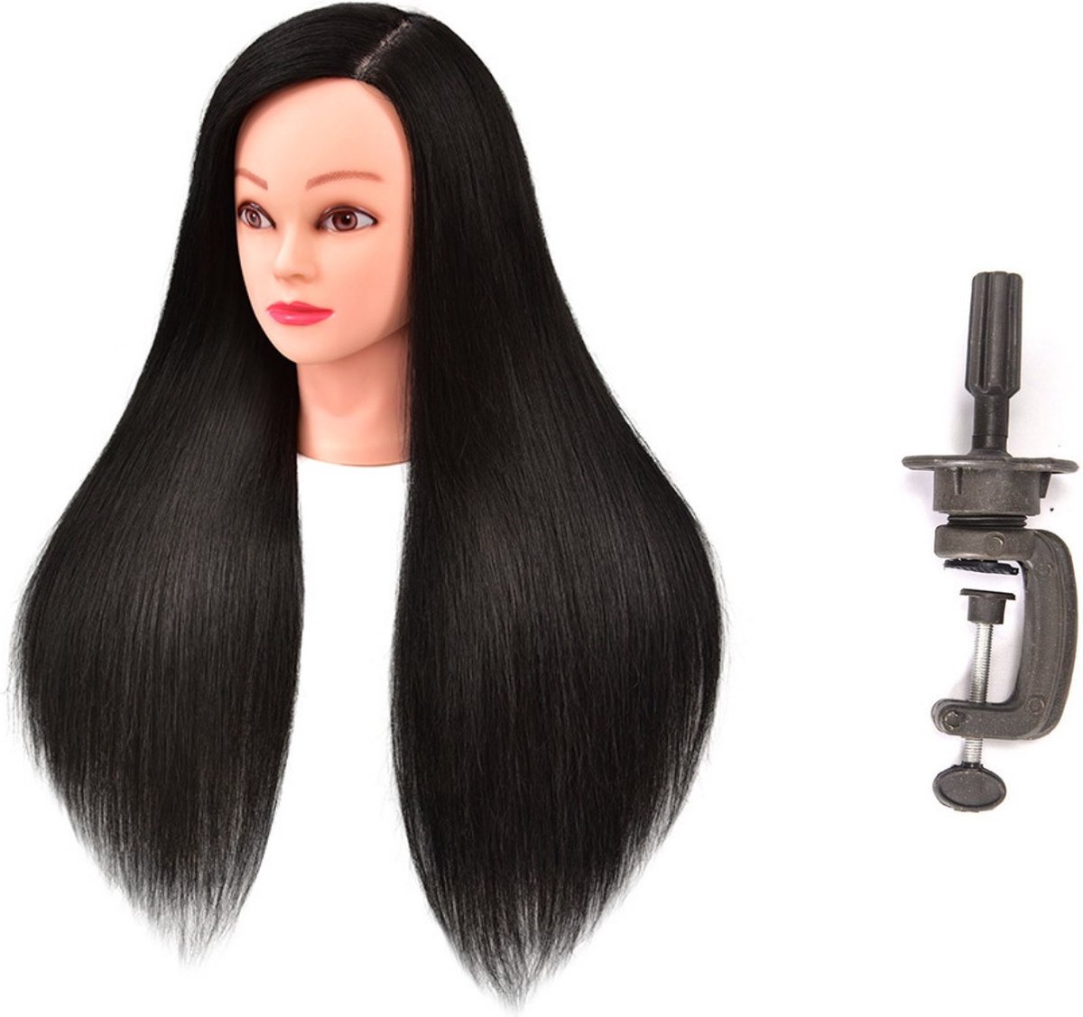 Oefenhoofd, Kappershoofd ，Traininghoofd，26-28Inch Oefenpop met Steun 60% Echt Haar Training Hoofd Met Klem Stand & Gifts-Zwart