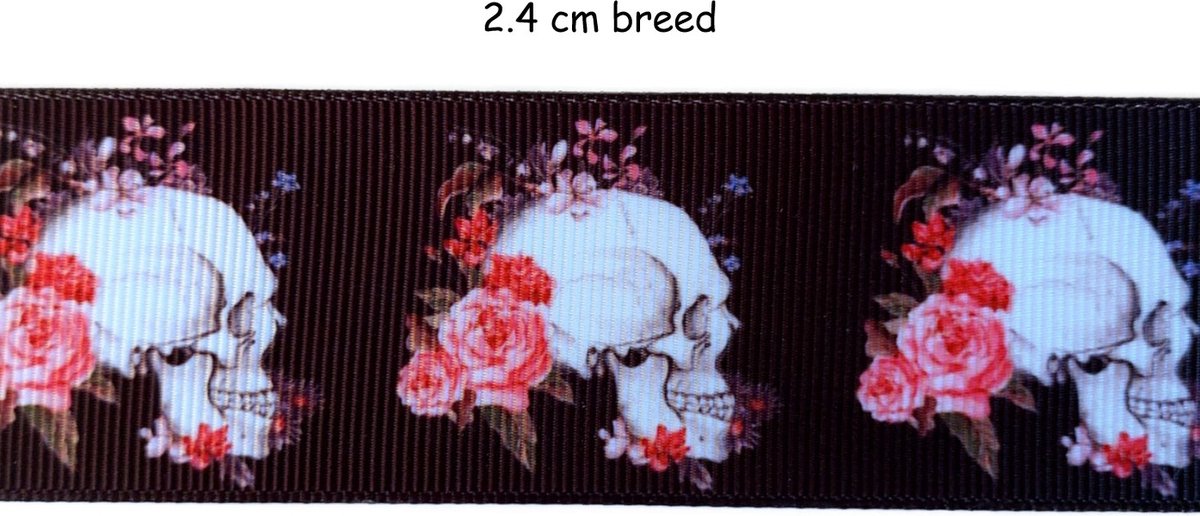 Lint - Grosgrain lint - Skull bloemen - 24 mm breed - 5 m - Polyester lint - Ribbon - Sierlint - Hobby lint - Decoratie lint